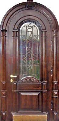Арочная металлическая дверь массив со стеклом и ковкой ДА-50 в Одинцово