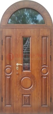 Двустворчатая железная дверь МДФ со стеклом в форме арки ДА-52 в Одинцово