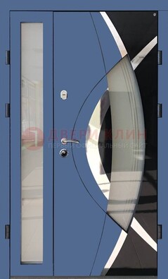 Синяя металлическая дверь со стеклом и узором ДС-13 в Одинцово