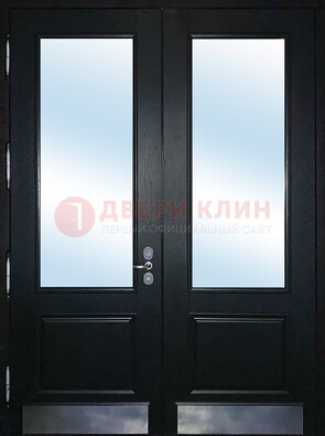 Черная двухстворчатая металлическая дверь со стеклом ДС-25 в Одинцово