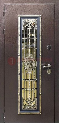 Железная дверь цвета медный антик со стеклом и ковкой ДСК-105 в Одинцово