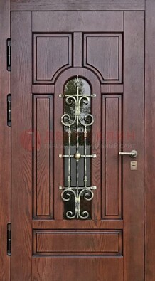 Cтальная дверь со стеклом и ковкой в коричневом цвете ДСК-119 в Севастополе