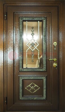 Теплая входная дверь со стеклом и ковкой разноцветной ДСК-13 в Одинцово