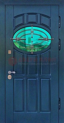Синяя металлическая дверь со стеклом и ковкой ДСК-143 в Одинцово