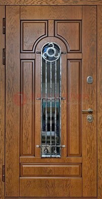 Коричневая стальная дверь со стеклом и ковкой для кирпичного дома ДСК-146 в Севастополе
