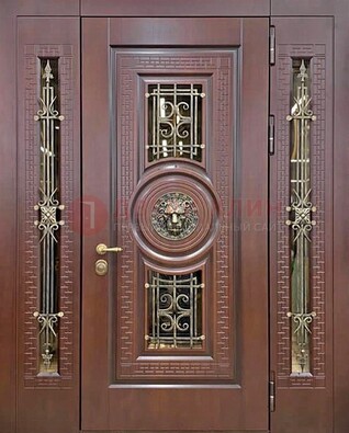 Коричневая стальная дверь со стеклом и ковкой ДСК-147 с фрамугами в Одинцово