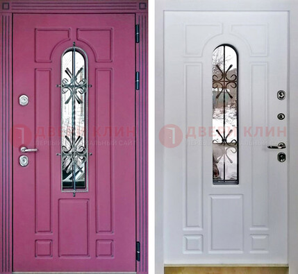 Розовая металлическая дверь со стеклом и ковкой ДСК-151 в Одинцово
