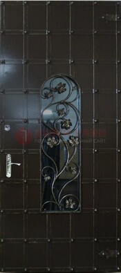 Высокая железная дверь со стеклом и ковкой ДСК-15 в Одинцово