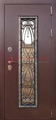 Коричневая стальная дверь порошок со стеклом и ковкой для дома ДСК-169 в Одинцово