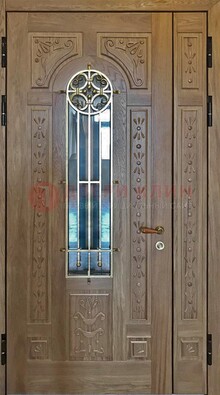Полуторная стальная дверь стекло с ковкой и узором ДСК-200 в Сергиевом Посаде