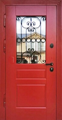 Красная железная дверь Винорит со стеклом и ковкой ДСК-205 в Одинцово