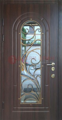 Железная дверь Винорит со стеклом и ковкой в темном цвете ДСК-216 в Раменском