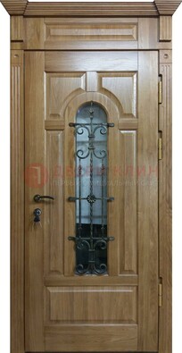 Металлическая дверь массив со стеклом и ковкой для дома ДСК-246 в Егорьевске