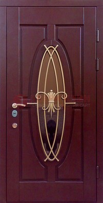 Бордовая стальная дверь Винорит со стеклом и ковкой ДСК-263 в Одинцово