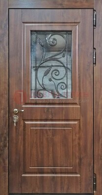 Железная дверь Винорит стекло и ковка с цветом под дерево ДСК-266 в Королеве