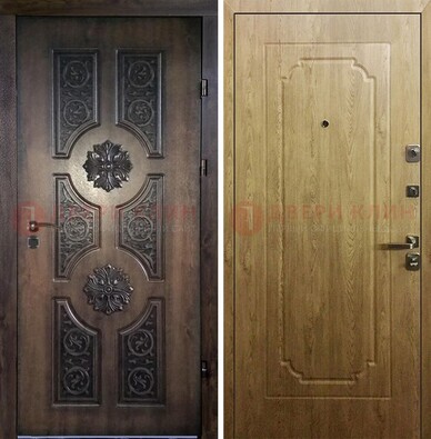 Железная коричневая дверь с виноритом и терморазрывом Золотой дуб внутри ДВТ-101 в Одинцово
