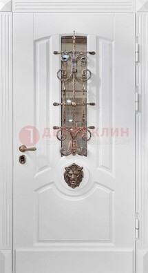 Белая металлическая дверь с виноритом и стеклом с ковкой ДВТ-165 в Одинцово