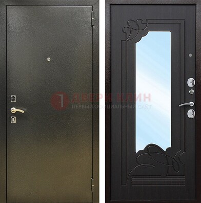 Железная темная дверь c порошковым напылением и МДФ с узором и зеркалом ДЗ-111 в Одинцово