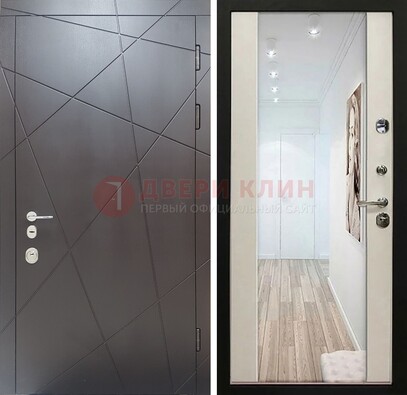 Железная коричневая дверь со светлой МДФ внутри и зеркалом ДЗ-125 в Одинцово