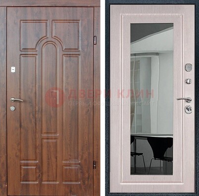 Входная коричневая дверь с МДФ Белый дуб и зеркалом ДЗ-126 в Одинцово