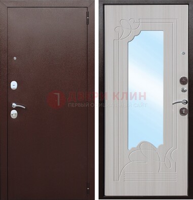 Коричневая металлическая дверь с зеркалом МДФ внутри ДЗ-33 в Одинцово