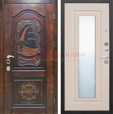 Темная дверь с резьбой и зеркалом внутри ДЗ-49 в Одинцово