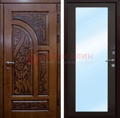 Коричневая входная дверь c узором и виноритом МДФ с зеркалом ДЗ-98 в Одинцово