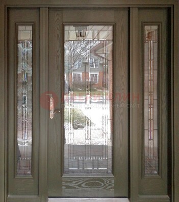 Коричневая стальная дверь с массивом дуба с витражом ВЖ-16 в Одинцово