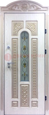 Белая железная дверь с МДФ и витражом ВЖ-26 в Одинцово