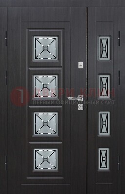 Чёрная двухстворчатая железная дверь с МДФ и витражом ВЖ-35 в Одинцово
